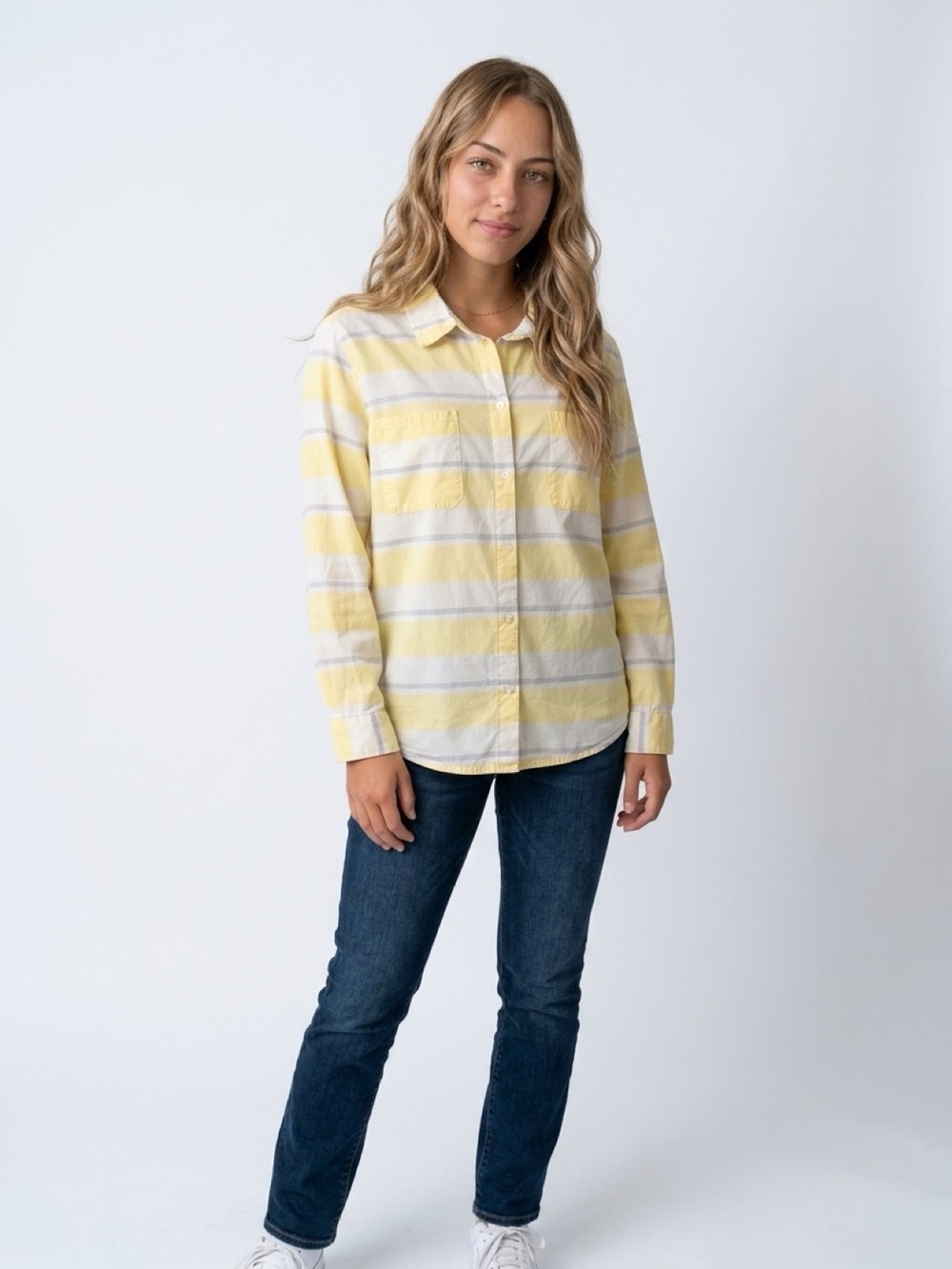 Jaclyn Smith Women's 1X Yellow Striped Button-Up Collared Blouse